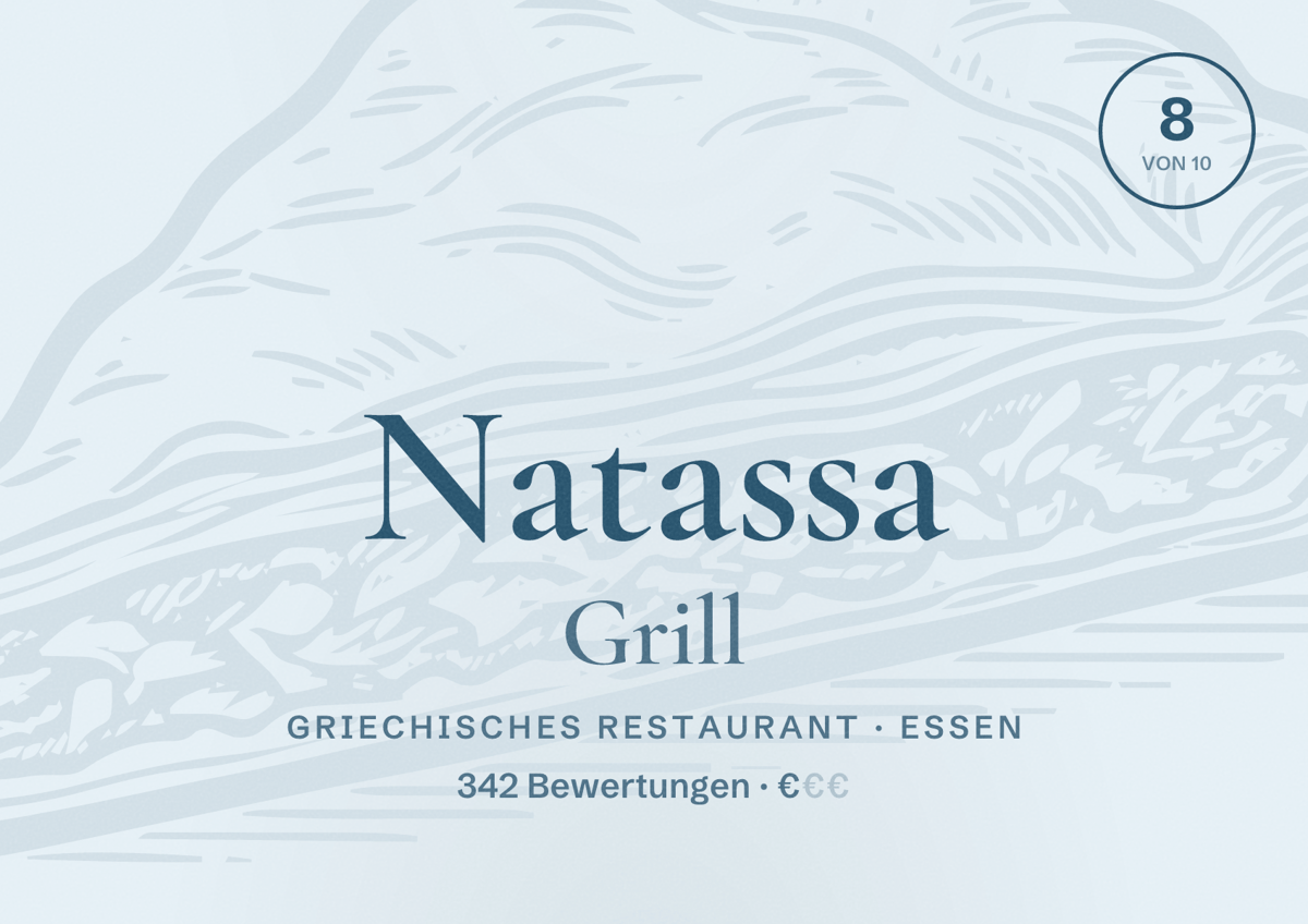 Illustriertes Poster von Natassa Grill, Griechisches Restaurant in Essen: Bewertung 8 von 10 aus 342 Bewertungen, Preisniveau €