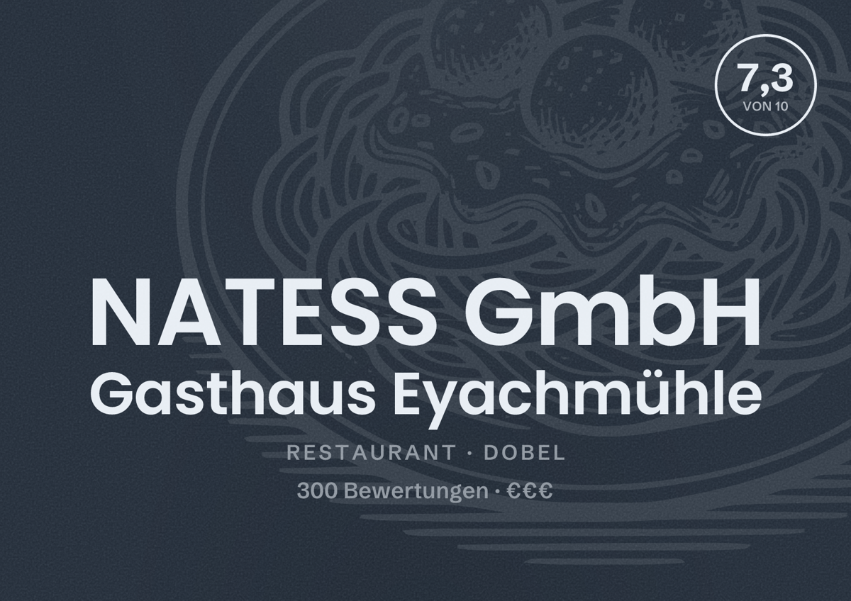 Illustriertes Poster von NATESS GmbH Gasthaus Eyachmühle, Restaurant in Dobel: Bewertung 7,3 von 10 aus 300 Bewertungen, Preisniveau €€€