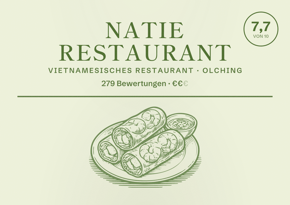 Illustriertes Poster von NaTie Restaurant, Vietnamesisches Restaurant in Olching: Bewertung 7,7 von 10 aus 279 Bewertungen, Preisniveau €€