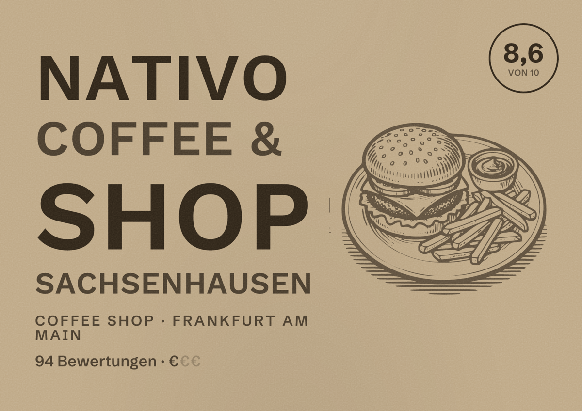 Illustriertes Poster von Nativo Coffee & Shop Sachsenhausen, Coffee Shop in Frankfurt am Main: Bewertung 8,6 von 10 aus 94 Bewertungen, Preisniveau €