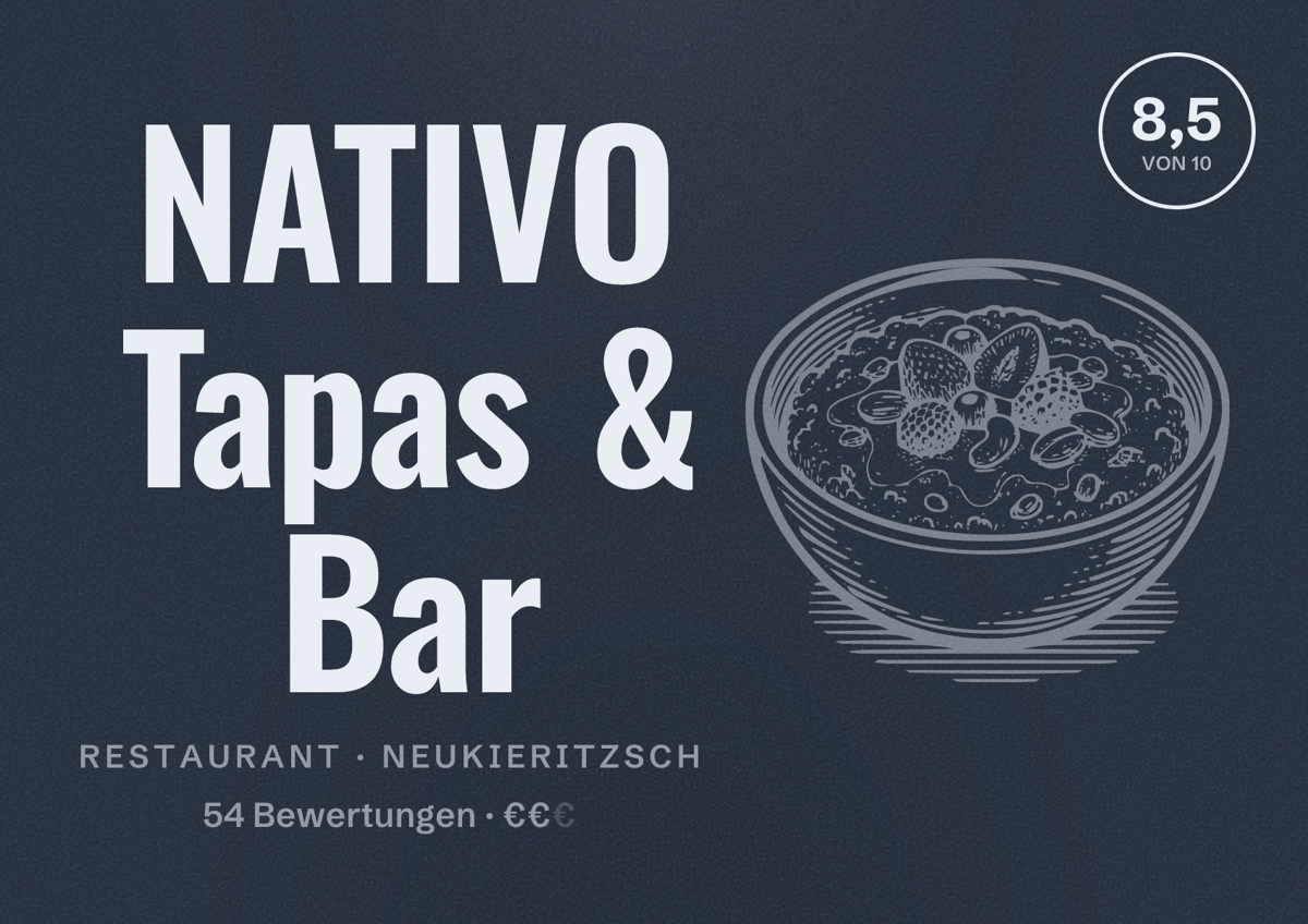 Illustriertes Poster von NATIVO Tapas & Bar, Restaurant in Neukieritzsch: Bewertung 8,5 von 10 aus 54 Bewertungen, Preisniveau €€