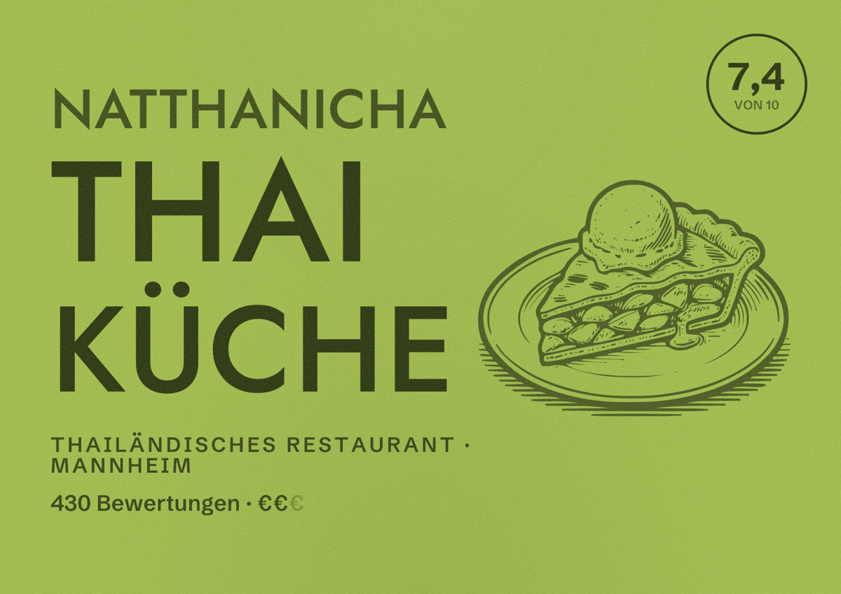 Illustriertes Poster von Natthanicha Thai Küche, Thailändisches Restaurant in Mannheim: Bewertung 7,4 von 10 aus 430 Bewertungen, Preisniveau €€