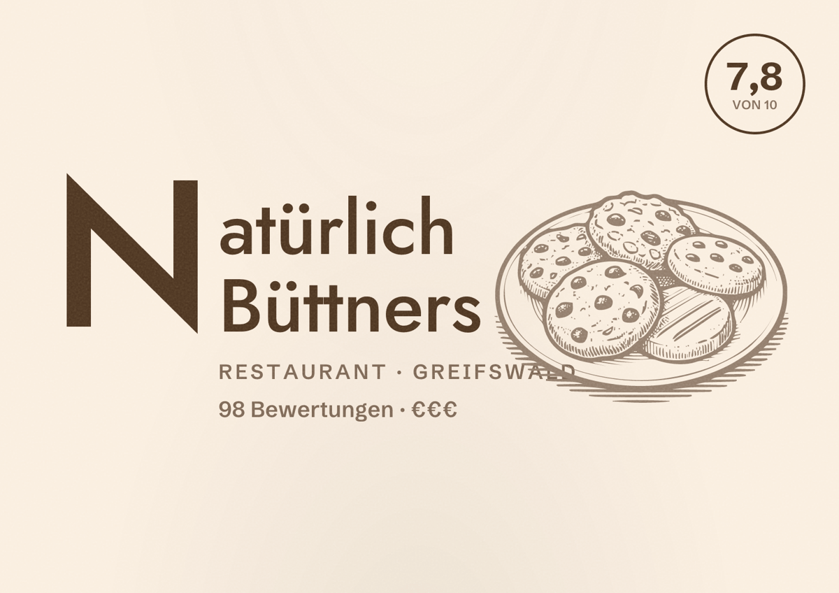 Illustriertes Poster von Natürlich Büttners, Restaurant in Greifswald: Bewertung 7,8 von 10 aus 98 Bewertungen, Preisniveau €€€