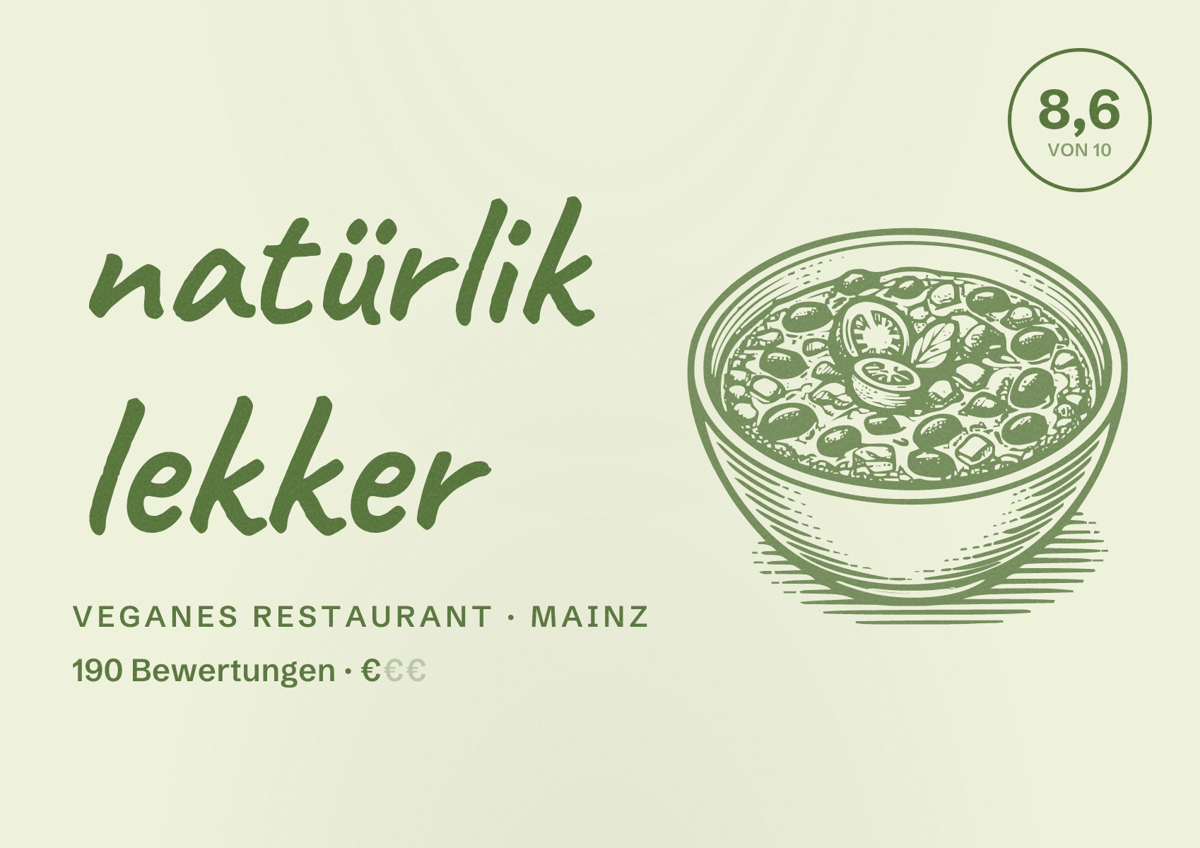 Illustriertes Poster von natürlik lekker, Veganes Restaurant in Mainz: Bewertung 8,6 von 10 aus 190 Bewertungen, Preisniveau €