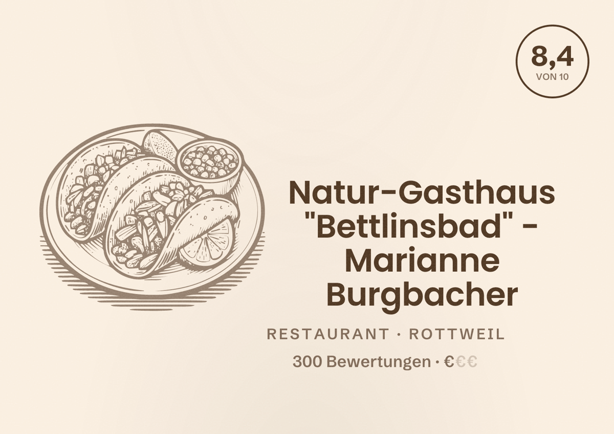 Illustriertes Poster von Natur-Gasthaus "Bettlinsbad" - Marianne Burgbacher, Restaurant in Rottweil: Bewertung 8,4 von 10 aus 300 Bewertungen, Preisniveau €