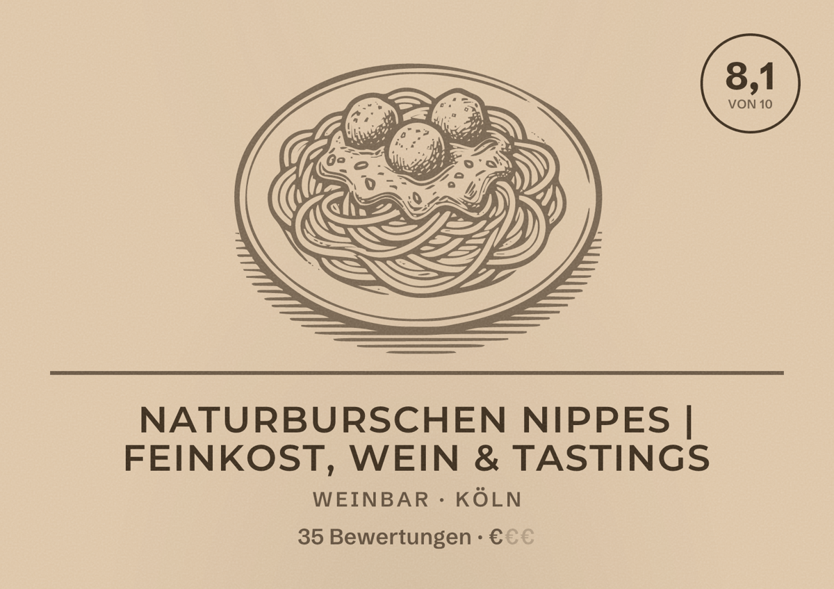Illustriertes Poster von Naturburschen Nippes | Feinkost, Wein & Tastings, Weinbar in Köln: Bewertung 8,1 von 10 aus 35 Bewertungen, Preisniveau €