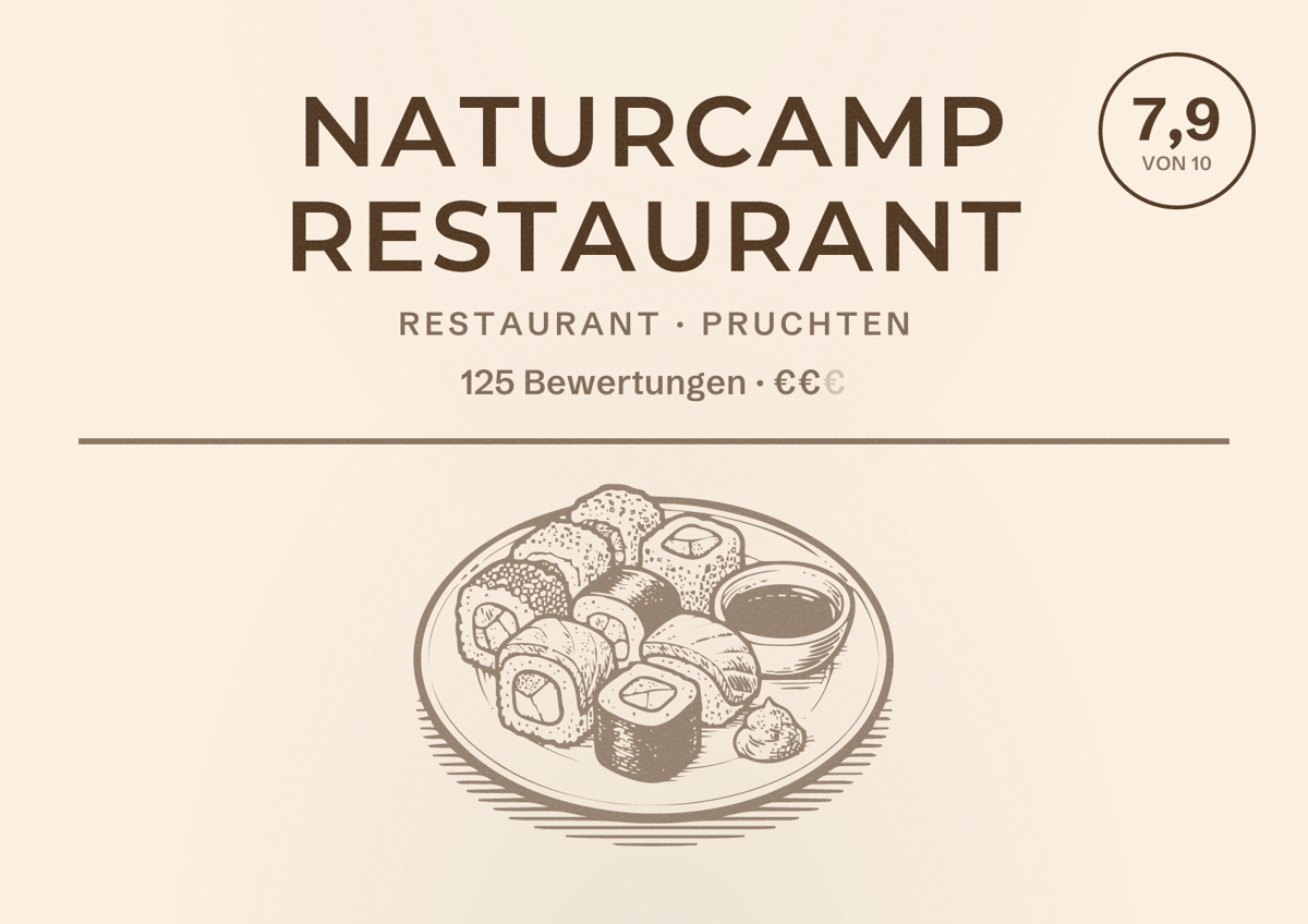Illustriertes Poster von Naturcamp Restaurant, Restaurant in Pruchten: Bewertung 7,9 von 10 aus 125 Bewertungen, Preisniveau €€