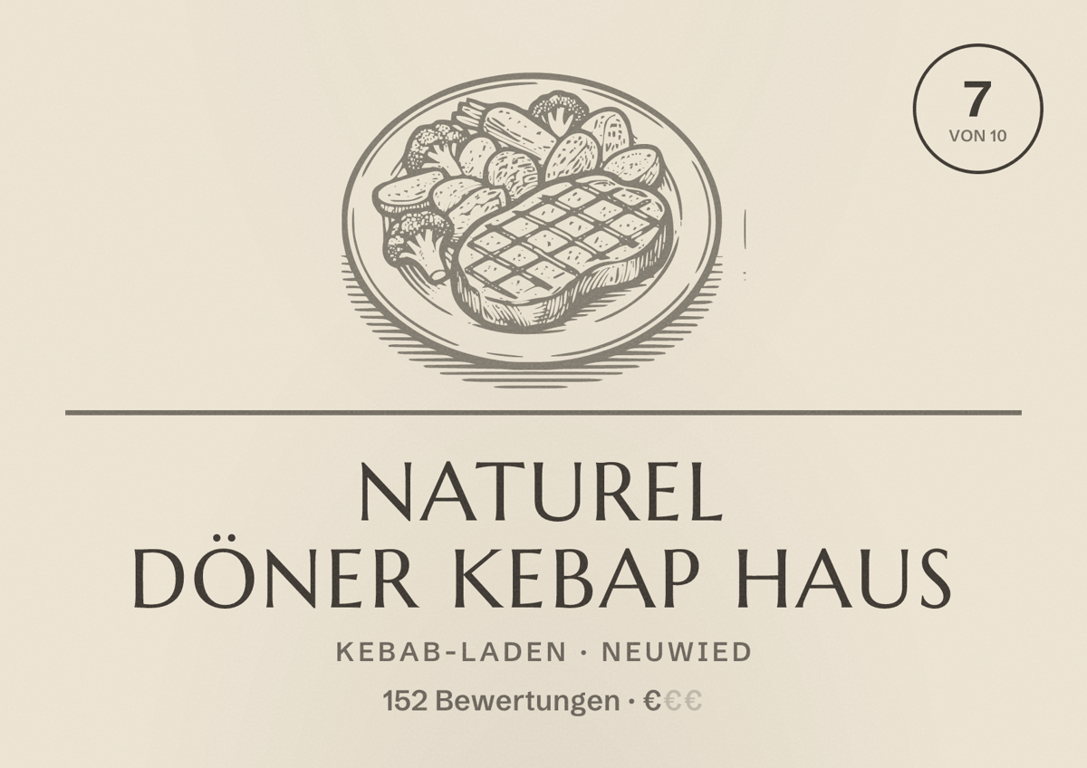 Illustriertes Poster von Naturel Döner Kebap Haus, Kebab-Laden in Neuwied: Bewertung 7 von 10 aus 152 Bewertungen, Preisniveau €