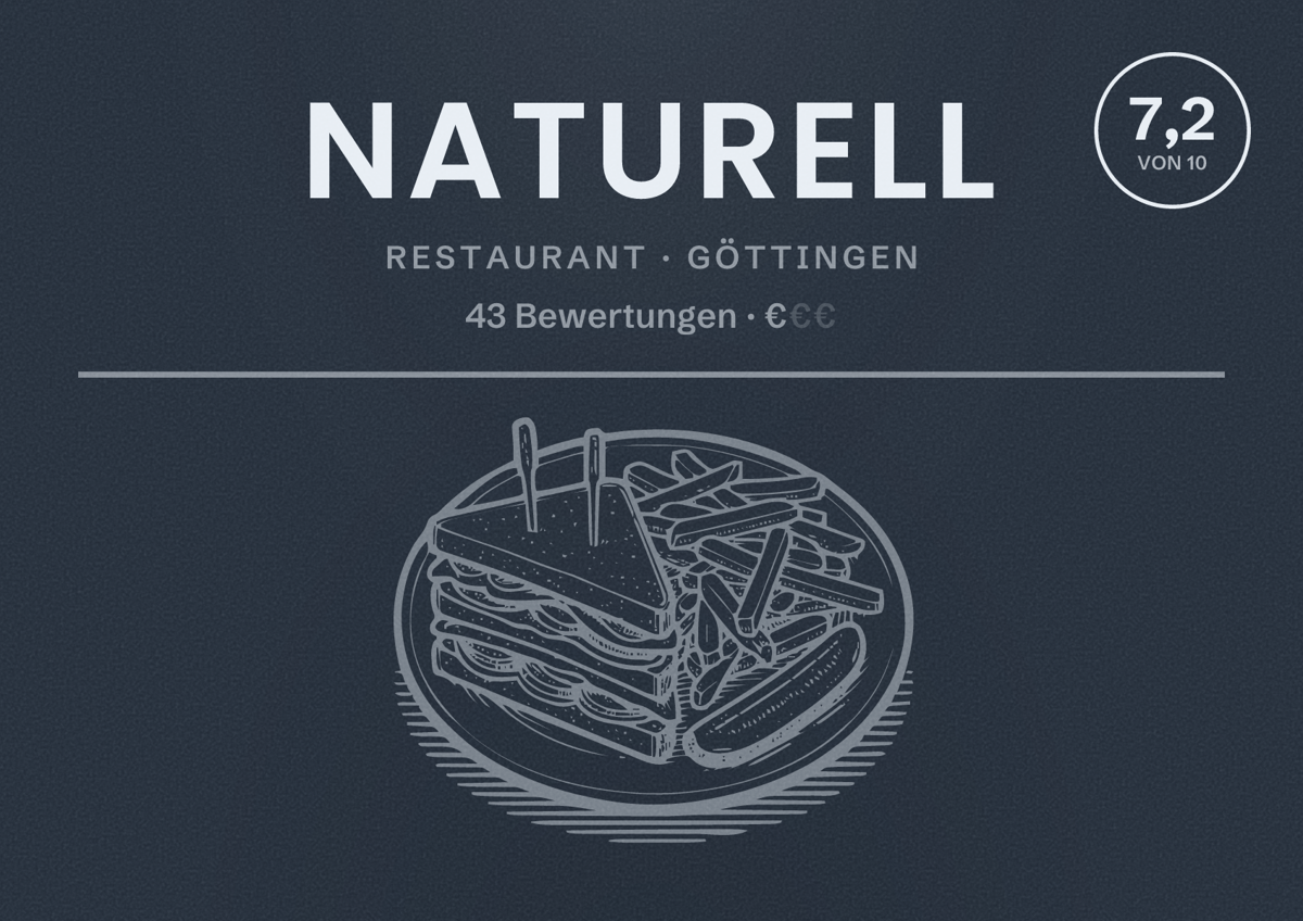 Illustriertes Poster von Naturell, Restaurant in Göttingen: Bewertung 7,2 von 10 aus 43 Bewertungen, Preisniveau €