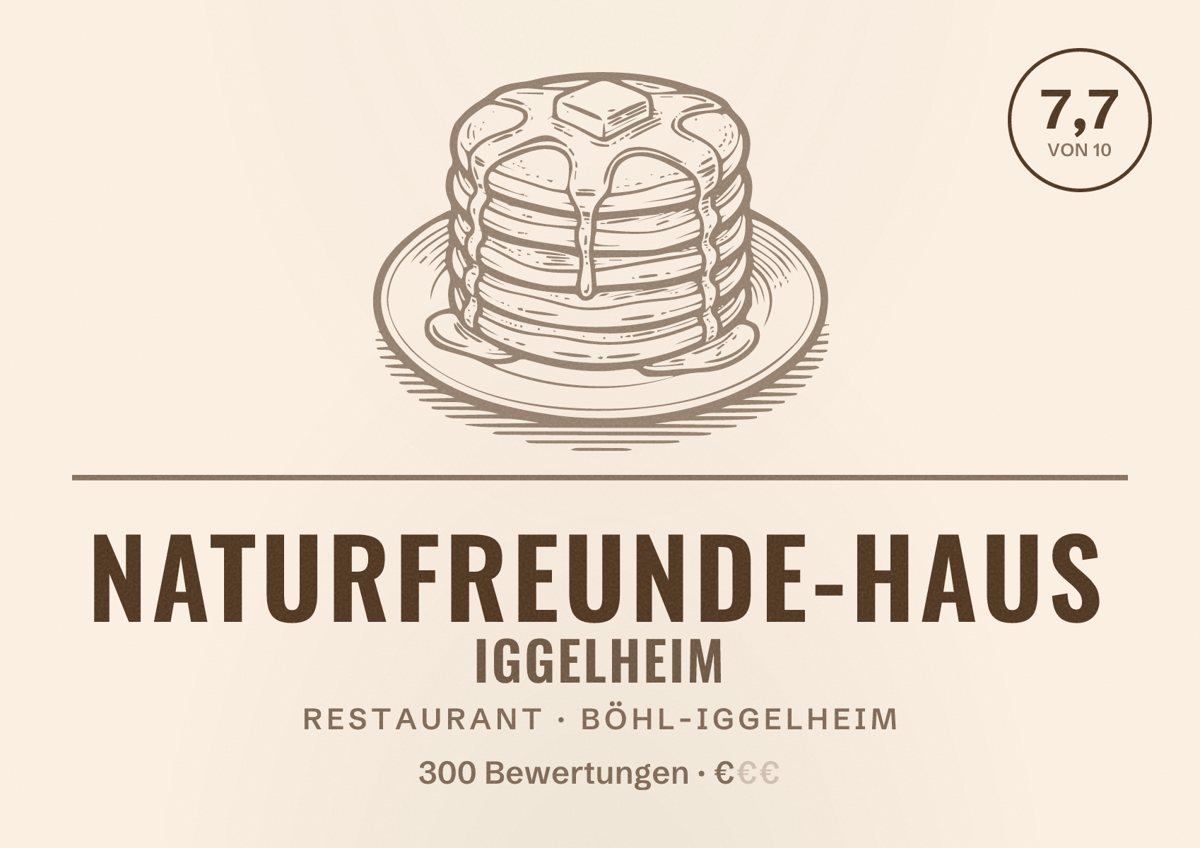 Illustriertes Poster von NaturFreunde-Haus Iggelheim, Restaurant in Böhl-Iggelheim: Bewertung 7,7 von 10 aus 300 Bewertungen, Preisniveau €