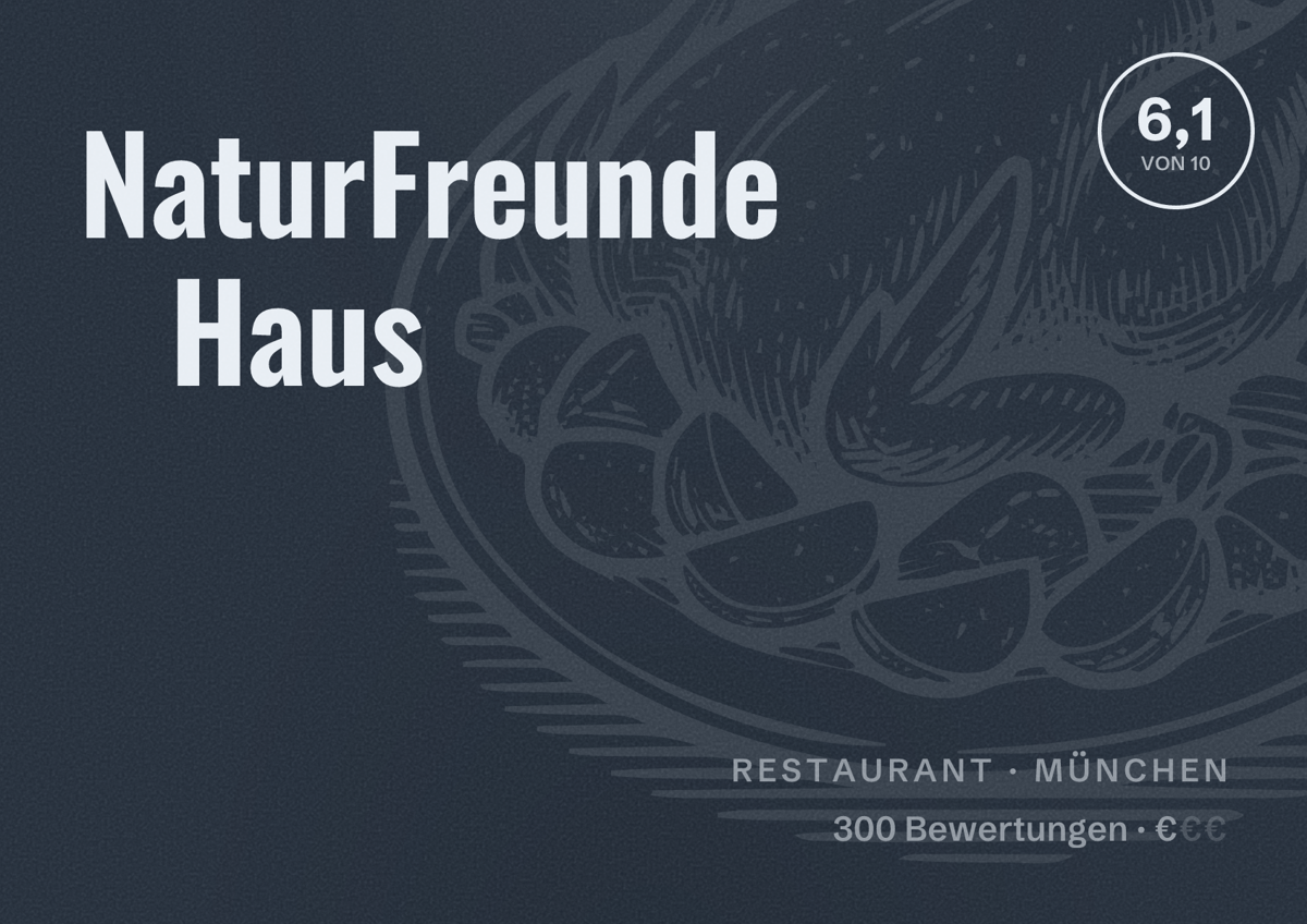 Illustriertes Poster von NaturFreunde Haus, Restaurant in München: Bewertung 6,1 von 10 aus 300 Bewertungen, Preisniveau €