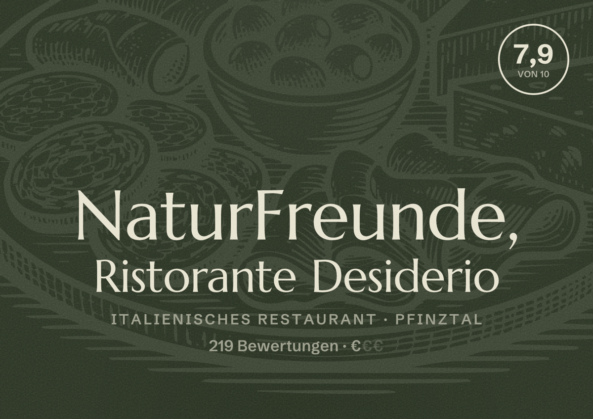 Illustriertes Poster von NaturFreunde, Ristorante Desiderio, Italienisches Restaurant in Pfinztal: Bewertung 7,9 von 10 aus 219 Bewertungen, Preisniveau €