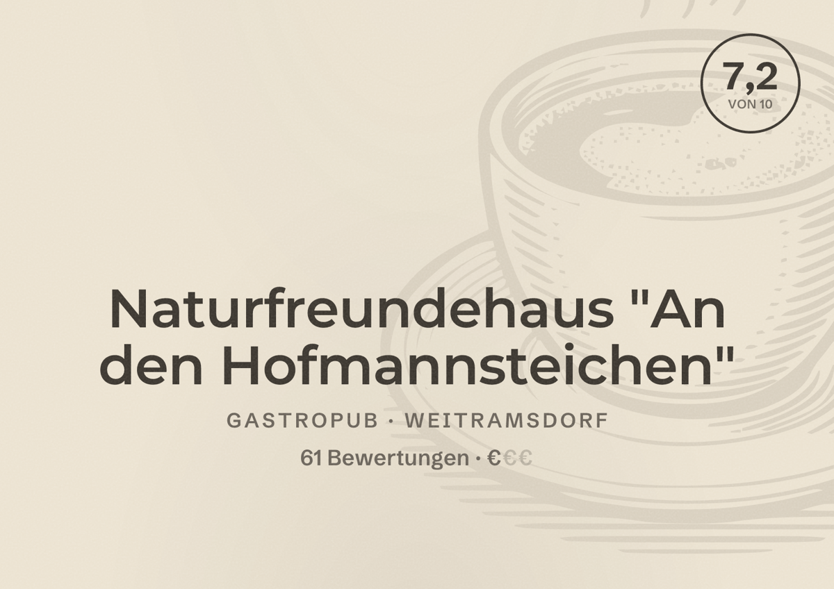 Illustriertes Poster von Naturfreundehaus "An den Hofmannsteichen", Gastropub in Weitramsdorf: Bewertung 7,2 von 10 aus 61 Bewertungen, Preisniveau €