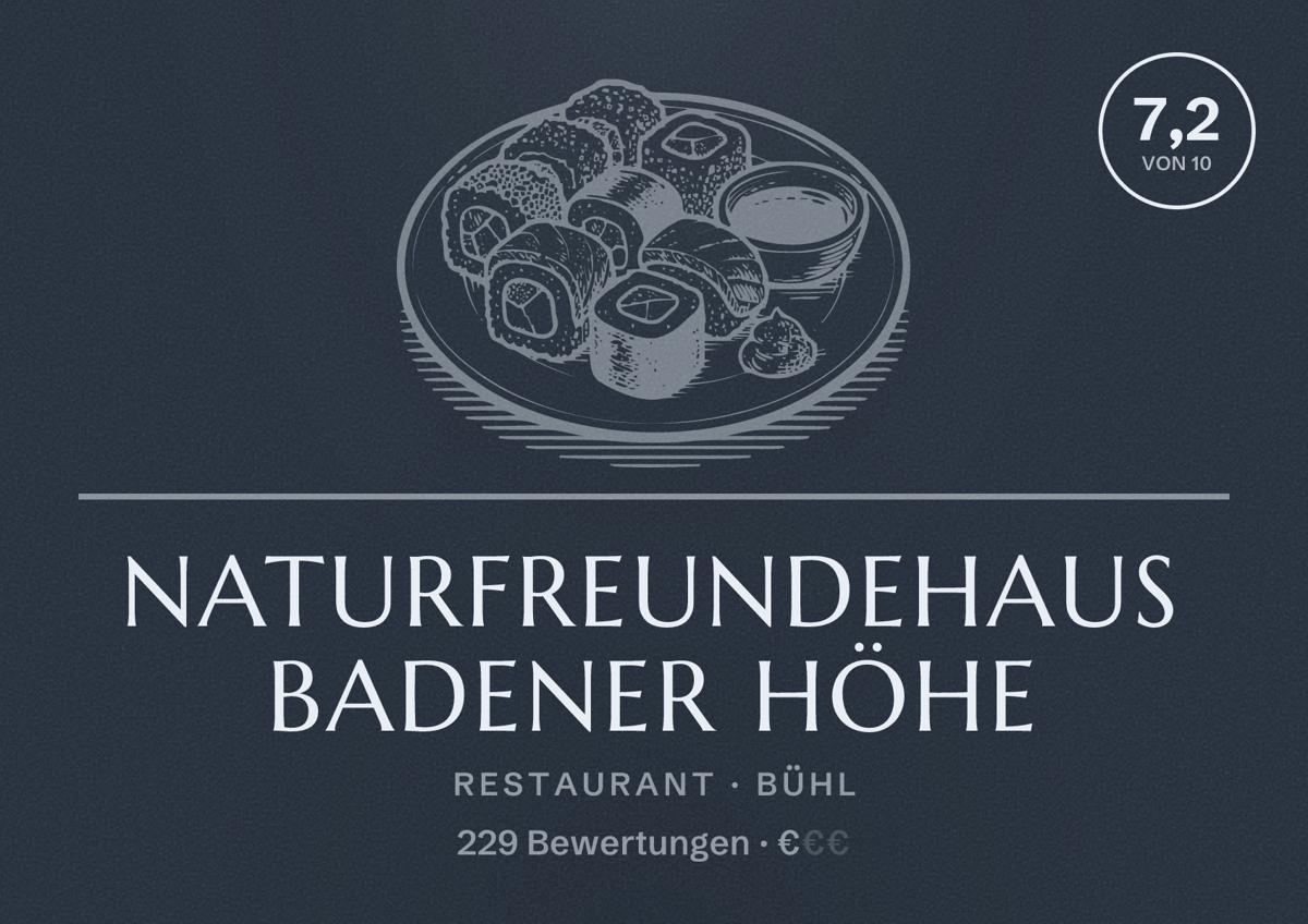 Illustriertes Poster von Naturfreundehaus Badener Höhe, Restaurant in Bühl: Bewertung 7,2 von 10 aus 229 Bewertungen, Preisniveau €