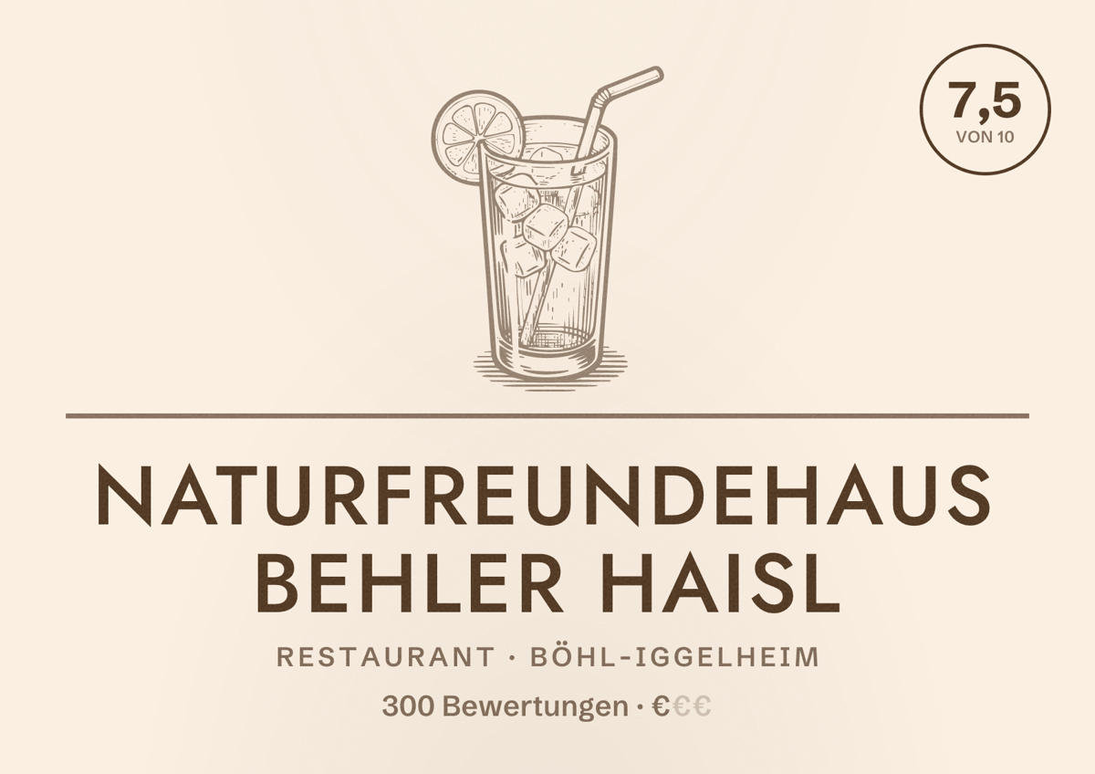 Illustriertes Poster von Naturfreundehaus Behler Haisl, Restaurant in Böhl-Iggelheim: Bewertung 7,5 von 10 aus 300 Bewertungen, Preisniveau €