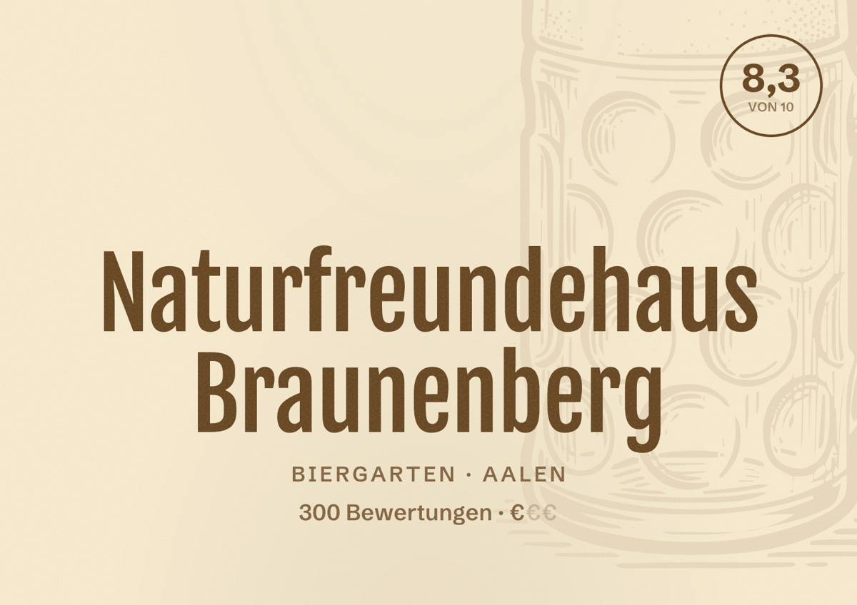 Illustriertes Poster von Naturfreundehaus Braunenberg, Biergarten in Aalen: Bewertung 8,3 von 10 aus 300 Bewertungen, Preisniveau €