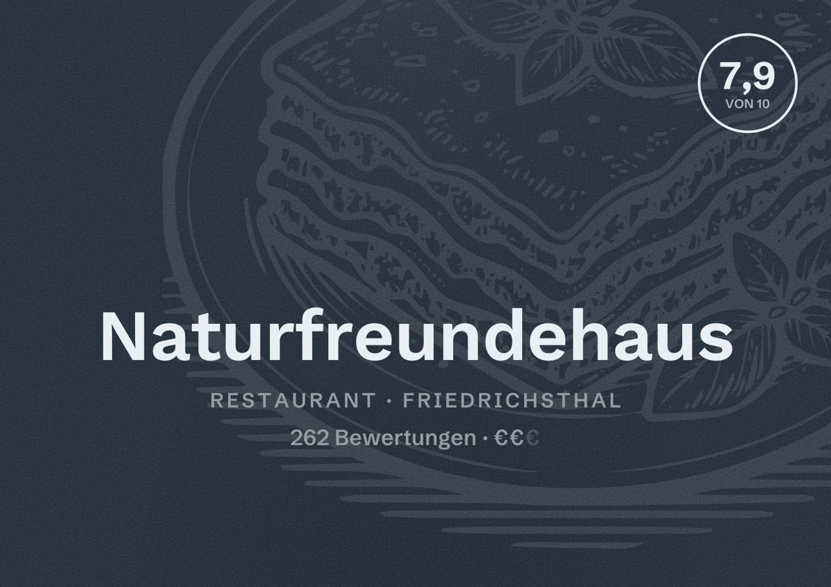 Illustriertes Poster von Naturfreundehaus, Restaurant in Friedrichsthal: Bewertung 7,9 von 10 aus 262 Bewertungen, Preisniveau €€