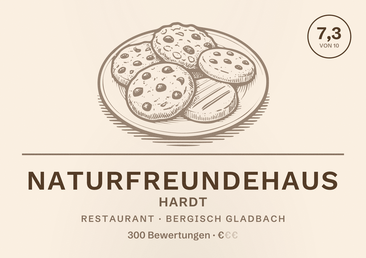 Illustriertes Poster von Naturfreundehaus Hardt, Restaurant in Bergisch Gladbach: Bewertung 7,3 von 10 aus 300 Bewertungen, Preisniveau €