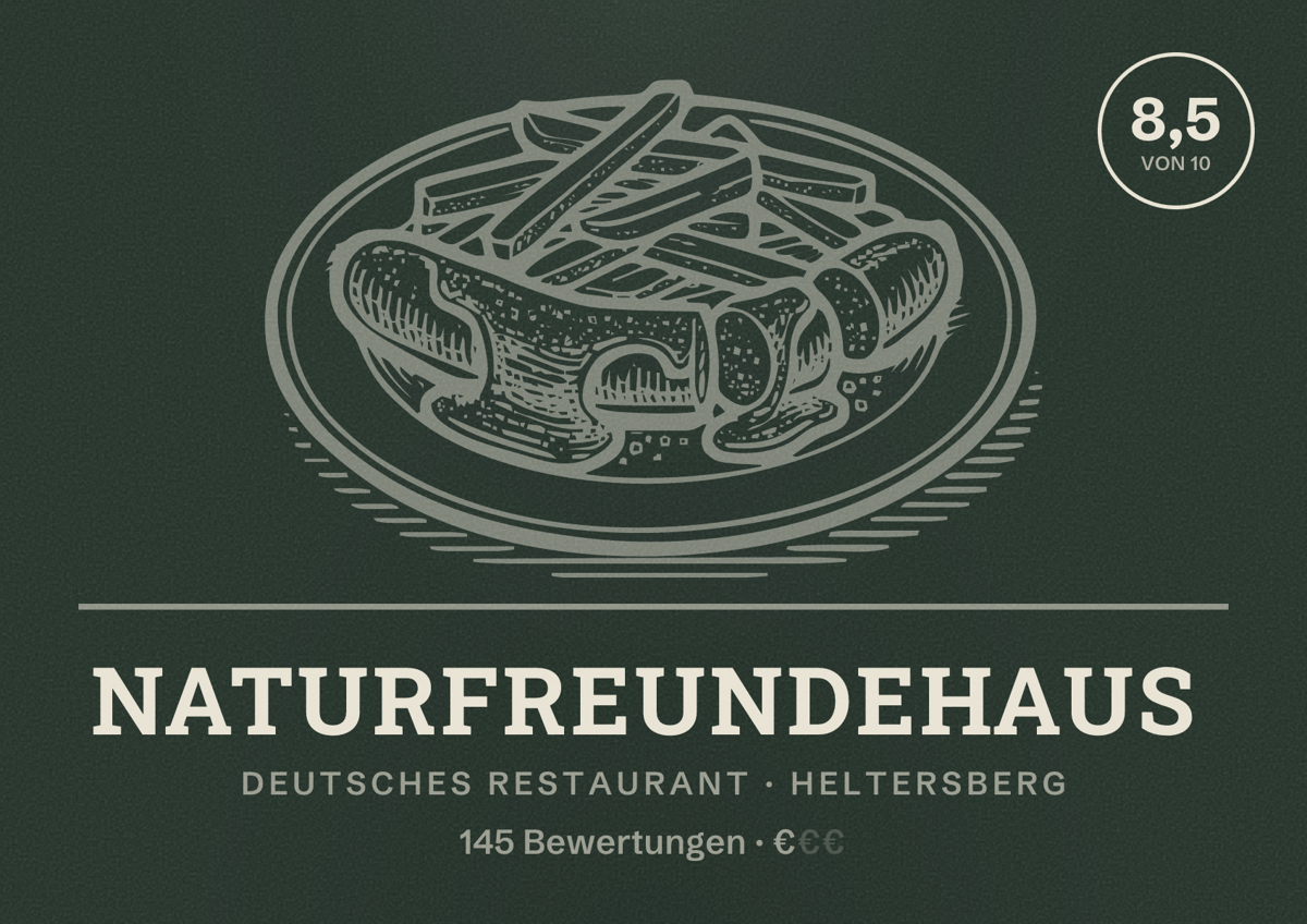 Illustriertes Poster von Naturfreundehaus, Deutsches Restaurant in Heltersberg: Bewertung 8,5 von 10 aus 145 Bewertungen, Preisniveau €
