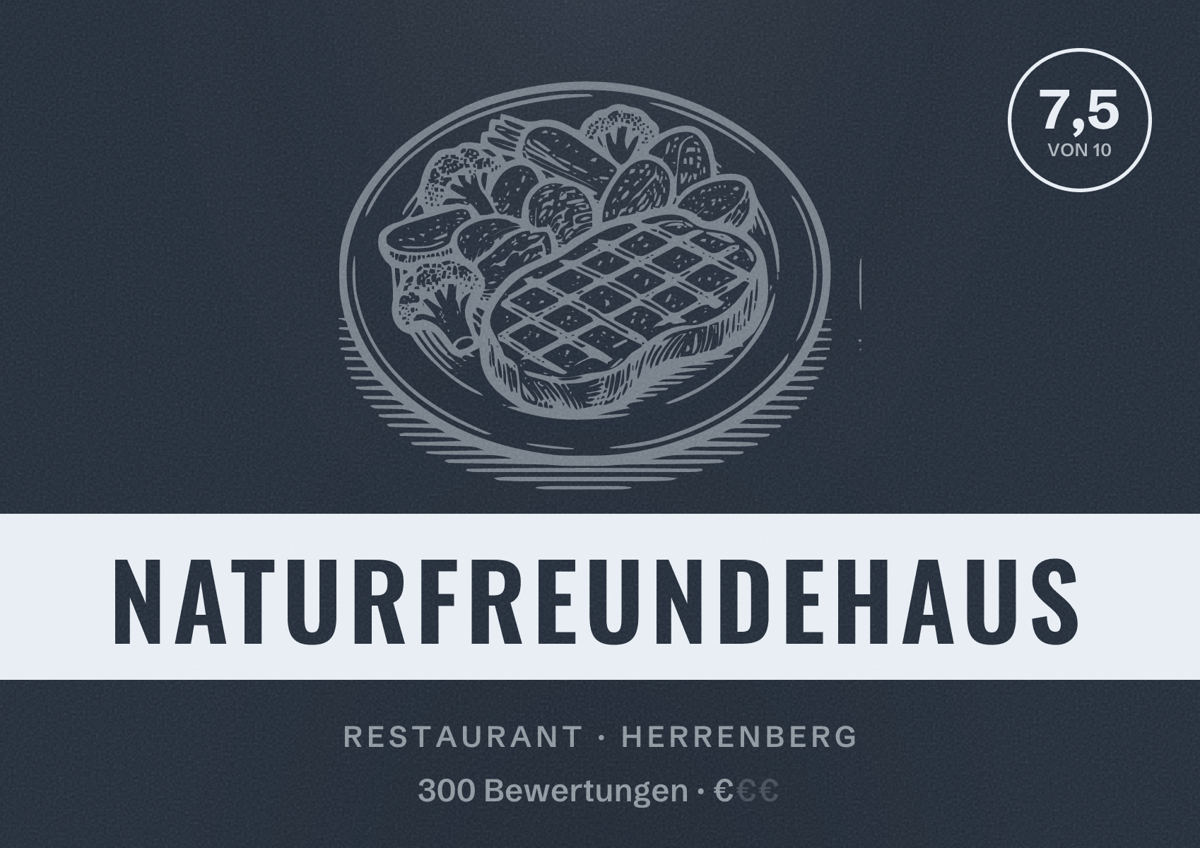 Illustriertes Poster von Naturfreundehaus, Restaurant in Herrenberg: Bewertung 7,5 von 10 aus 300 Bewertungen, Preisniveau €