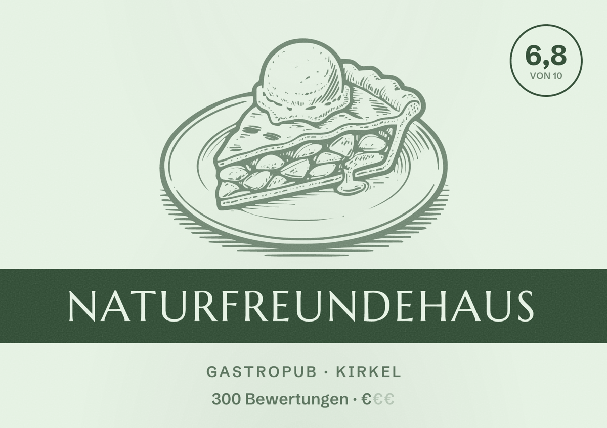 Illustriertes Poster von Naturfreundehaus, Gastropub in Kirkel: Bewertung 6,8 von 10 aus 300 Bewertungen, Preisniveau €