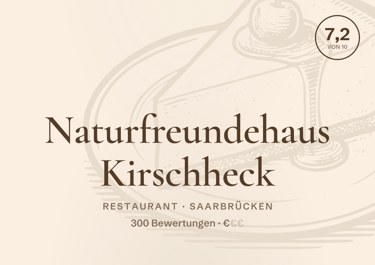 Illustriertes Poster von Naturfreundehaus Kirschheck, Restaurant in Saarbrücken: Bewertung 7,2 von 10 aus 300 Bewertungen, Preisniveau €
