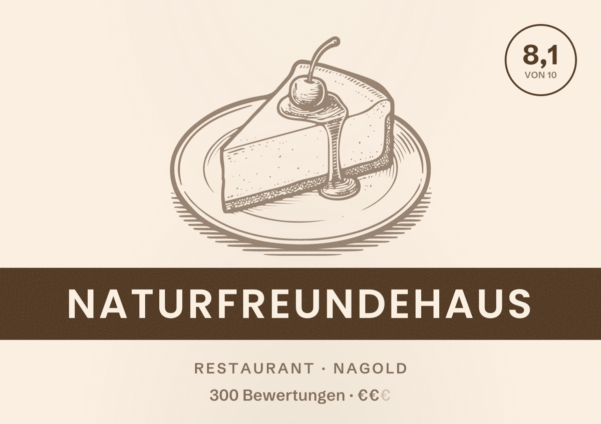 Illustriertes Poster von Naturfreundehaus, Restaurant in Nagold: Bewertung 8,1 von 10 aus 300 Bewertungen, Preisniveau €€
