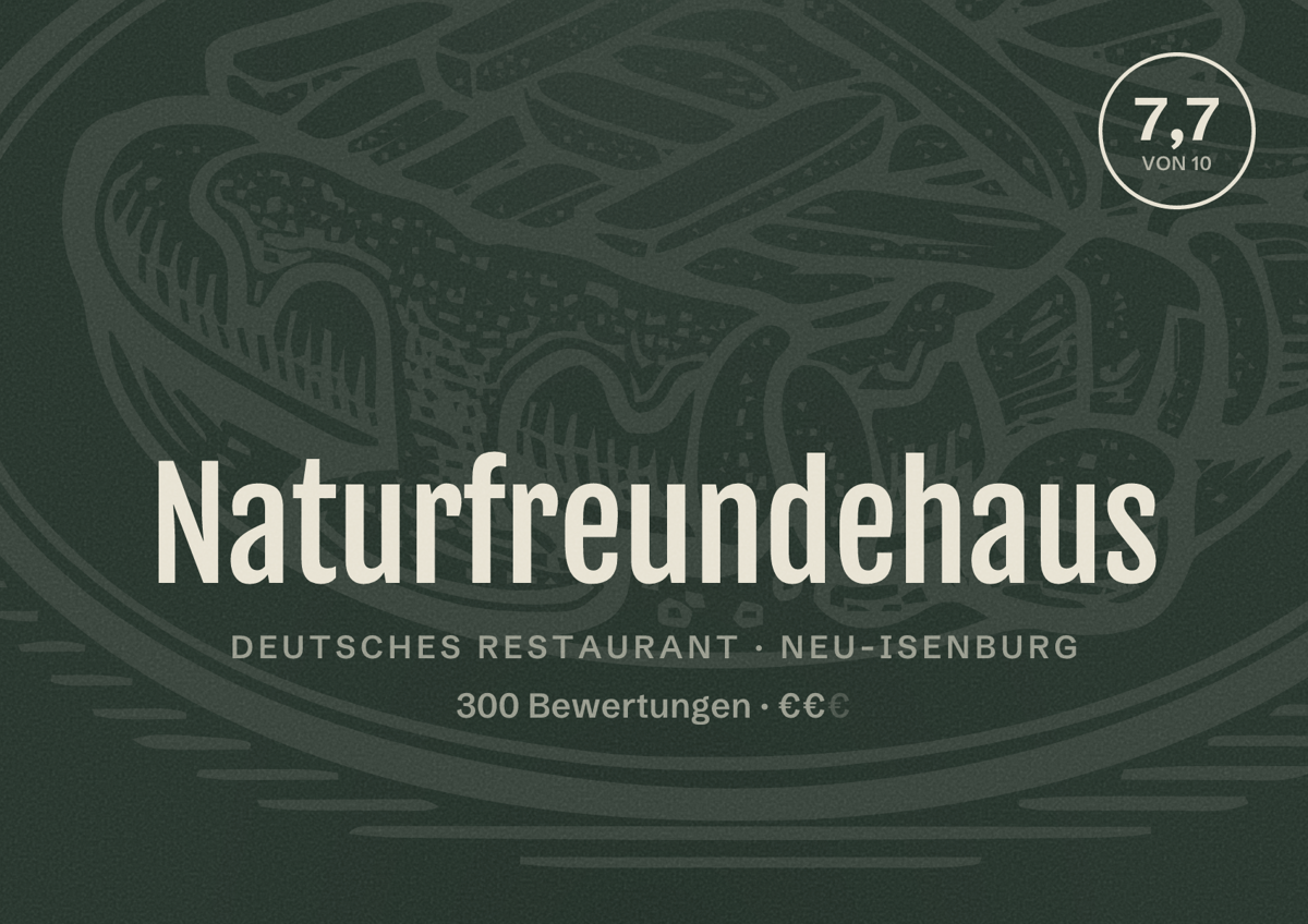 Illustriertes Poster von Naturfreundehaus, Deutsches Restaurant in Neu-Isenburg: Bewertung 7,7 von 10 aus 300 Bewertungen, Preisniveau €€