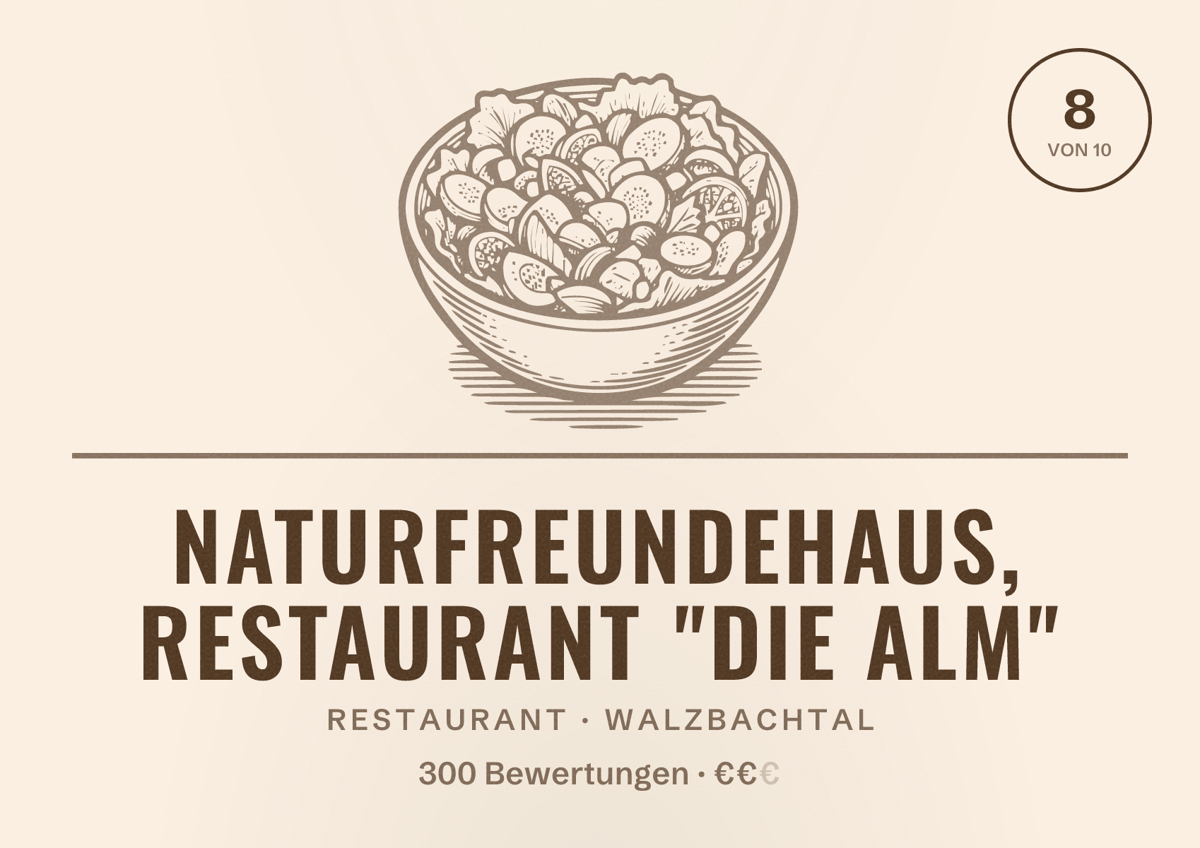 Illustriertes Poster von Naturfreundehaus, Restaurant "Die Alm", Restaurant in Walzbachtal: Bewertung 8 von 10 aus 300 Bewertungen, Preisniveau €€