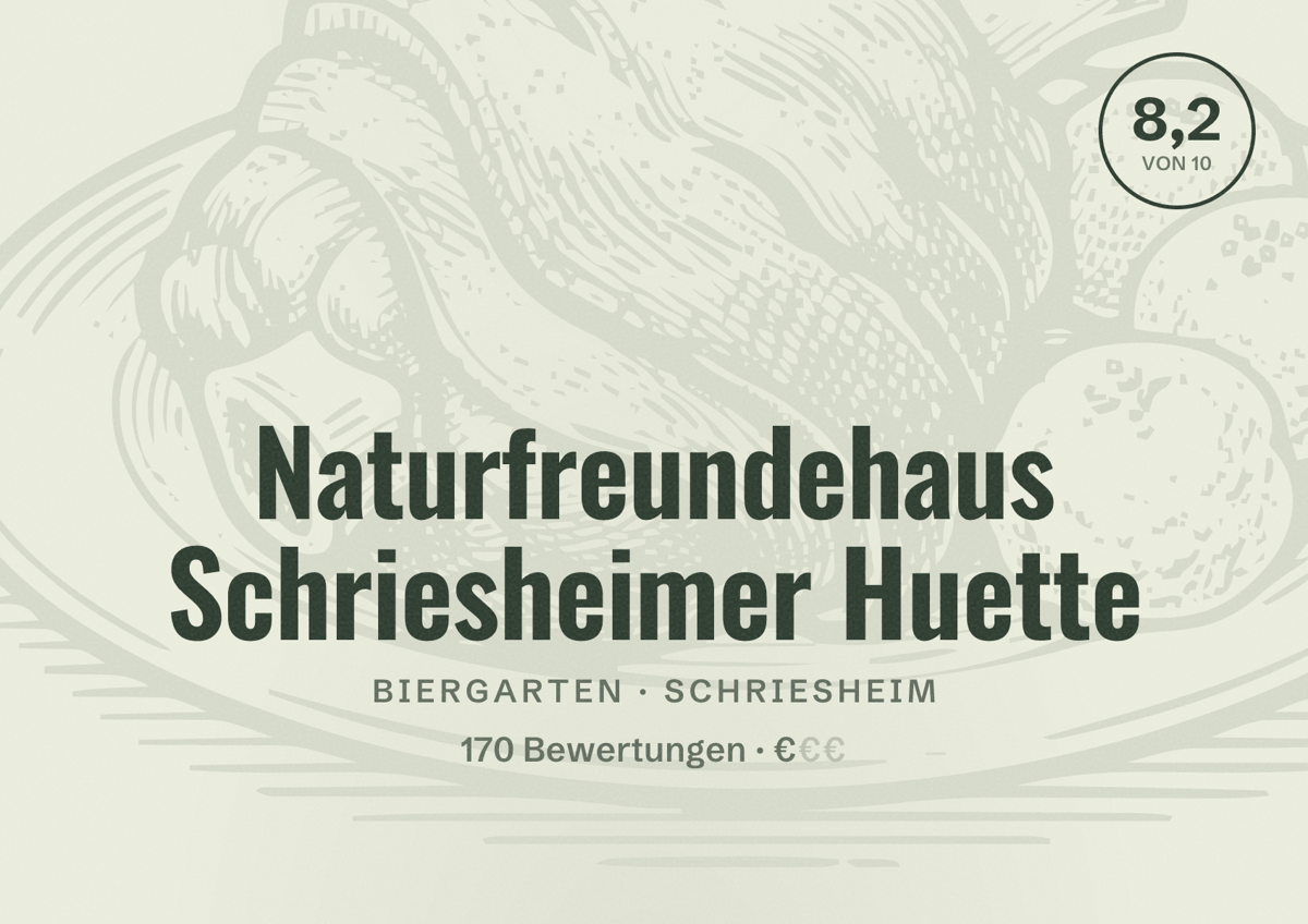 Illustriertes Poster von Naturfreundehaus Schriesheimer Huette, Biergarten in Schriesheim: Bewertung 8,2 von 10 aus 170 Bewertungen, Preisniveau €