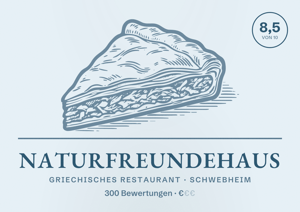 Illustriertes Poster von Naturfreundehaus, Griechisches Restaurant in Schwebheim: Bewertung 8,5 von 10 aus 300 Bewertungen, Preisniveau €