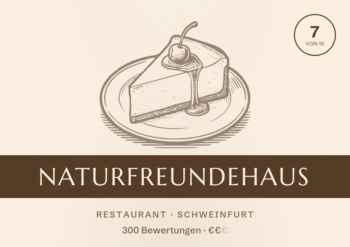 Illustriertes Poster von Naturfreundehaus, Restaurant in Schweinfurt: Bewertung 7 von 10 aus 300 Bewertungen, Preisniveau €€