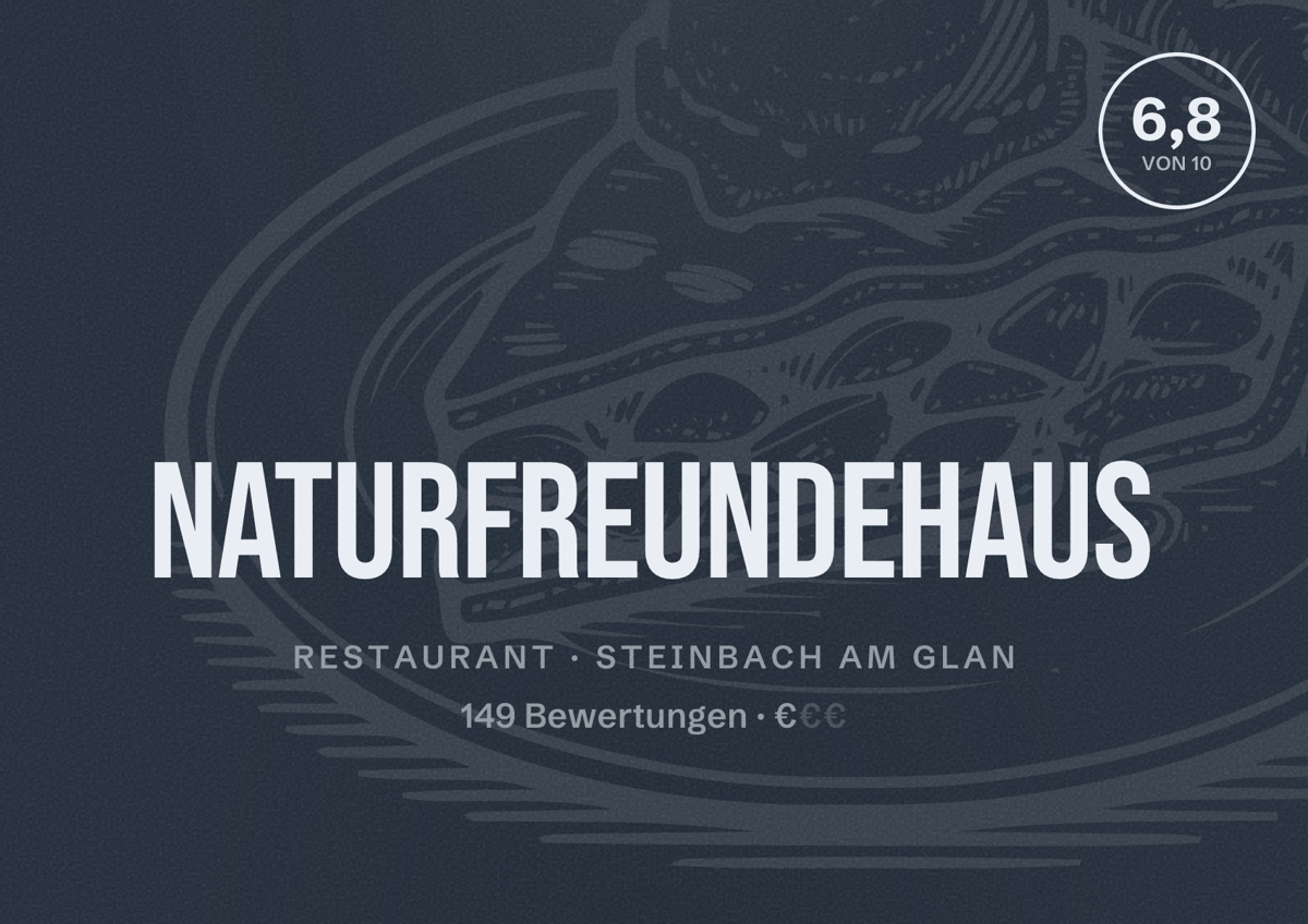 Illustriertes Poster von Naturfreundehaus, Restaurant in Steinbach am Glan: Bewertung 6,8 von 10 aus 149 Bewertungen, Preisniveau €