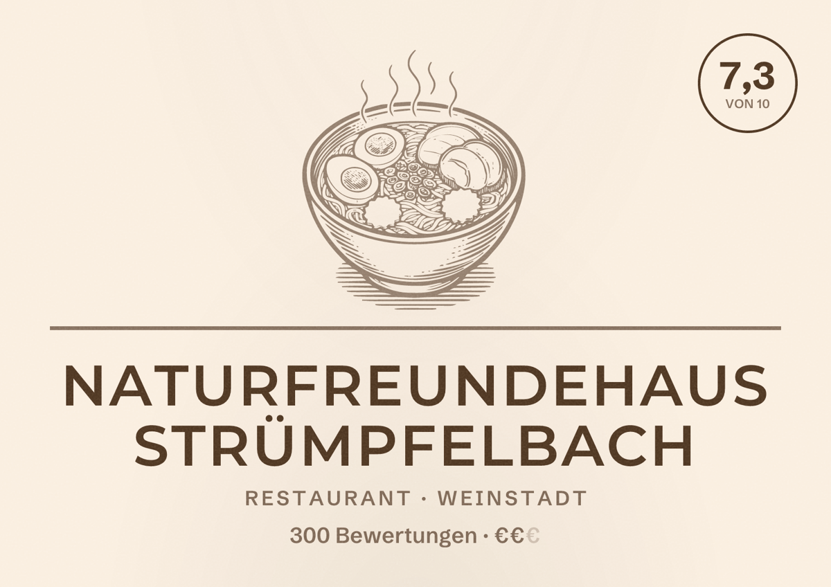 Illustriertes Poster von Naturfreundehaus Strümpfelbach, Restaurant in Weinstadt: Bewertung 7,3 von 10 aus 300 Bewertungen, Preisniveau €€
