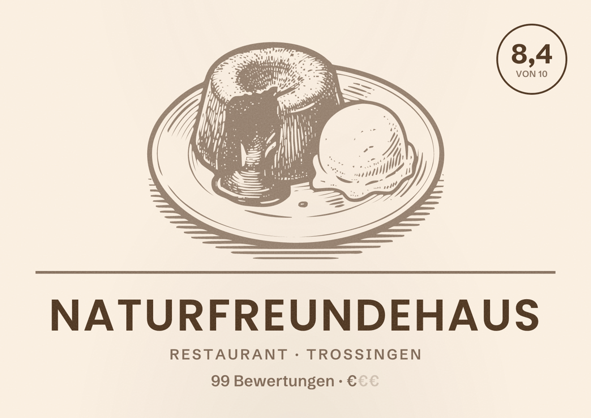 Illustriertes Poster von Naturfreundehaus, Restaurant in Trossingen: Bewertung 8,4 von 10 aus 99 Bewertungen, Preisniveau €