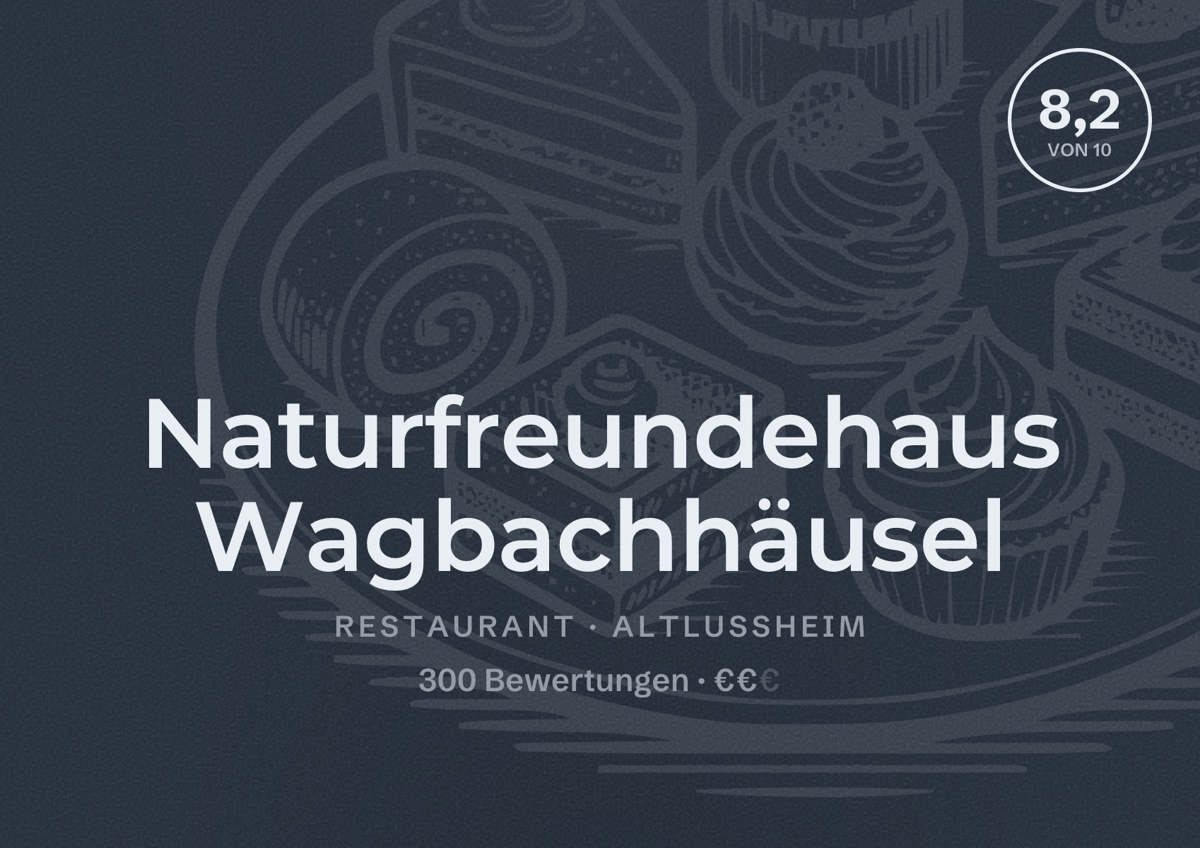 Illustriertes Poster von Naturfreundehaus Wagbachhäusel, Restaurant in Altlußheim: Bewertung 8,2 von 10 aus 300 Bewertungen, Preisniveau €€