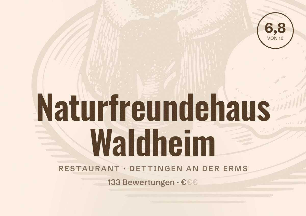 Illustriertes Poster von Naturfreundehaus Waldheim, Restaurant in Dettingen an der Erms: Bewertung 6,8 von 10 aus 133 Bewertungen, Preisniveau €