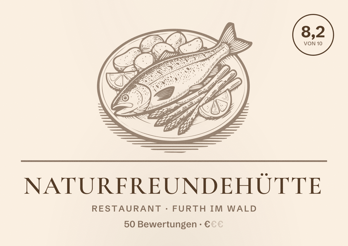 Illustriertes Poster von Naturfreundehütte, Restaurant in Furth im Wald: Bewertung 8,2 von 10 aus 50 Bewertungen, Preisniveau €