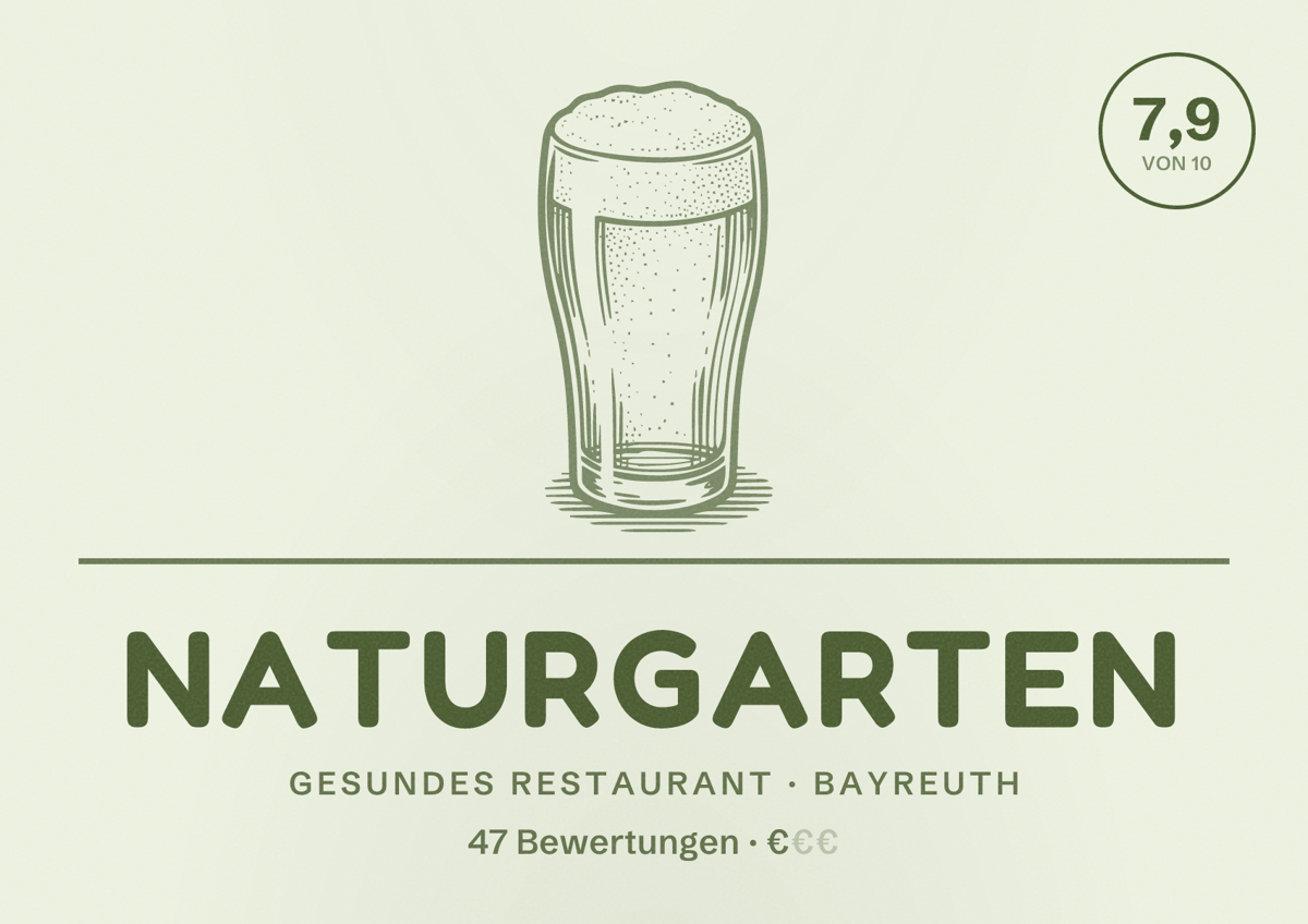 Illustriertes Poster von Naturgarten, Gesundes Restaurant in Bayreuth: Bewertung 7,9 von 10 aus 47 Bewertungen, Preisniveau €