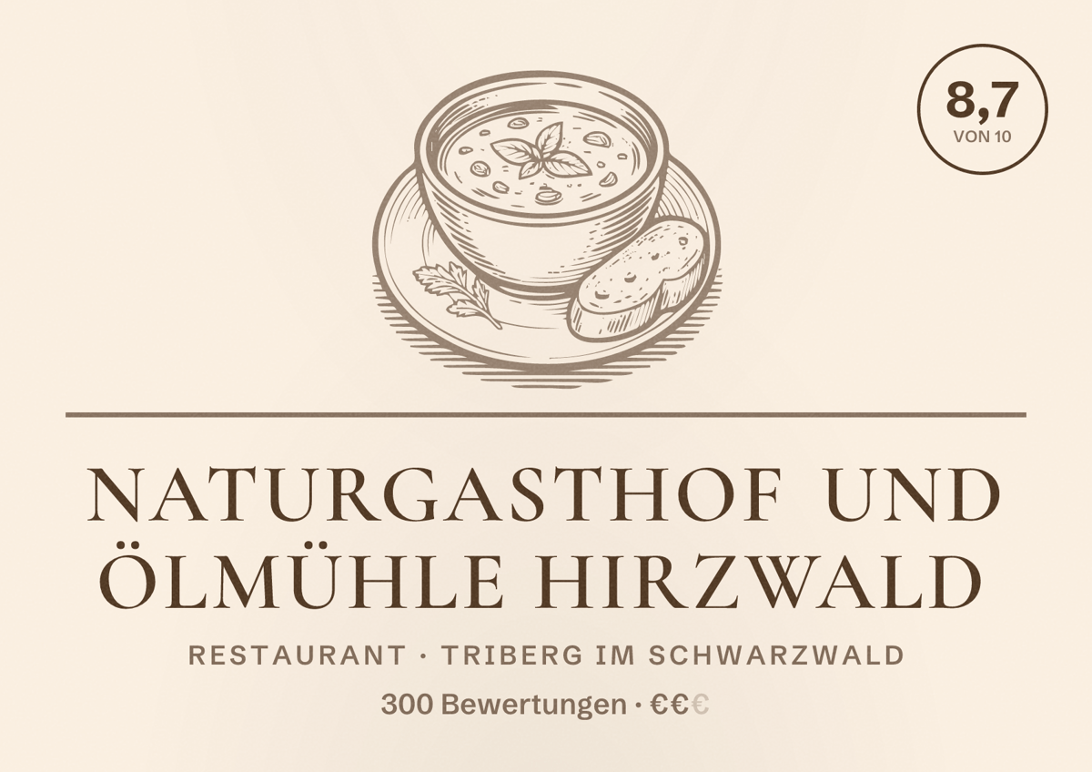 Illustriertes Poster von Naturgasthof und Ölmühle HIRZWALD, Restaurant in Triberg im Schwarzwald: Bewertung 8,7 von 10 aus 300 Bewertungen, Preisniveau €€