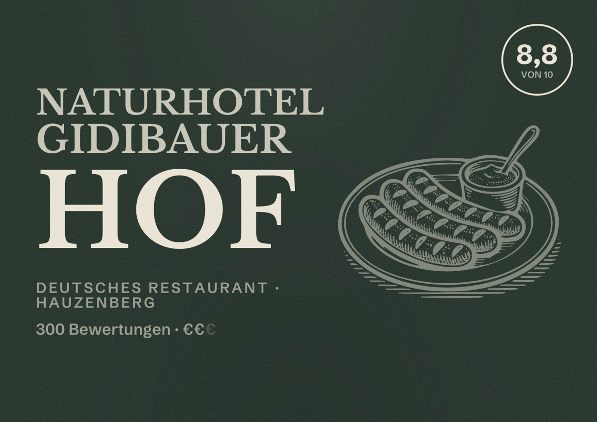 Illustriertes Poster von Naturhotel Gidibauer Hof, Deutsches Restaurant in Hauzenberg: Bewertung 8,8 von 10 aus 300 Bewertungen, Preisniveau €€
