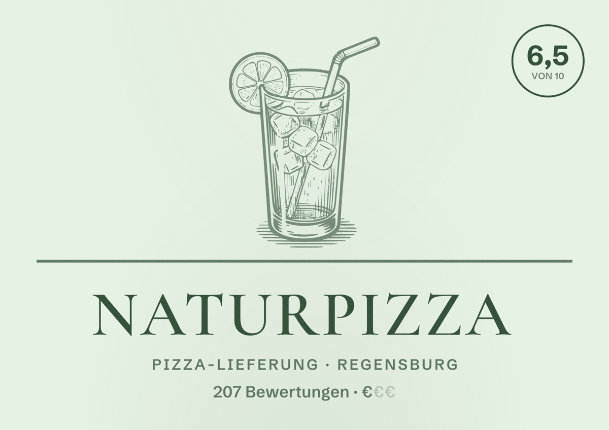 Illustriertes Poster von NaturPizza, Pizza-Lieferung in Regensburg: Bewertung 6,5 von 10 aus 207 Bewertungen, Preisniveau €