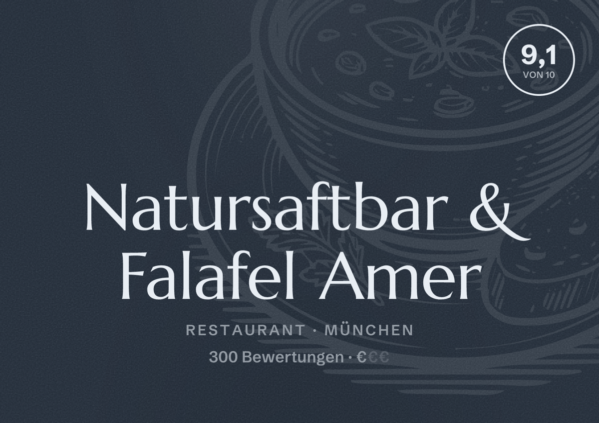 Illustriertes Poster von Natursaftbar & Falafel Amer, Restaurant in München: Bewertung 9,1 von 10 aus 300 Bewertungen, Preisniveau €