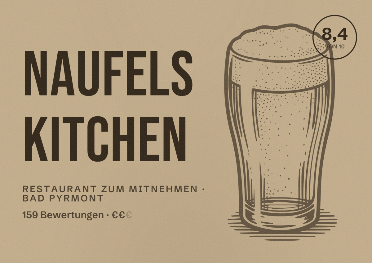 Illustriertes Poster von Naufels Kitchen, Restaurant zum Mitnehmen in Bad Pyrmont: Bewertung 8,4 von 10 aus 159 Bewertungen, Preisniveau €€