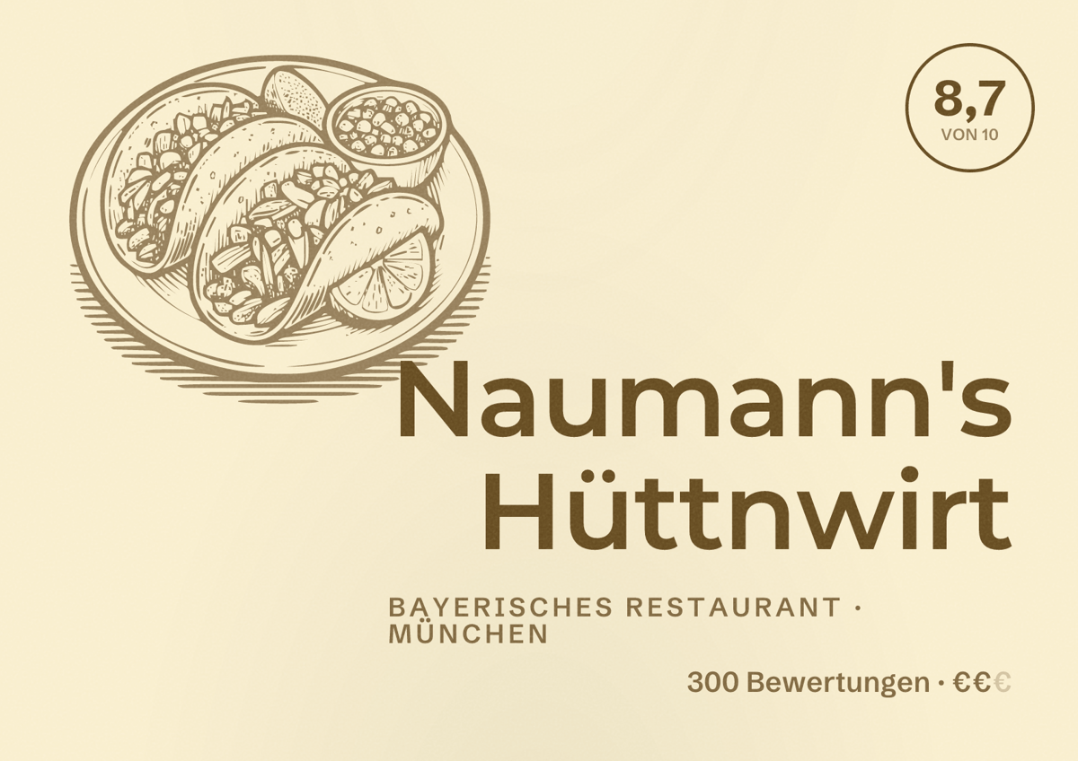 Illustriertes Poster von Naumann's Hüttnwirt, Bayerisches Restaurant in München: Bewertung 8,7 von 10 aus 300 Bewertungen, Preisniveau €€
