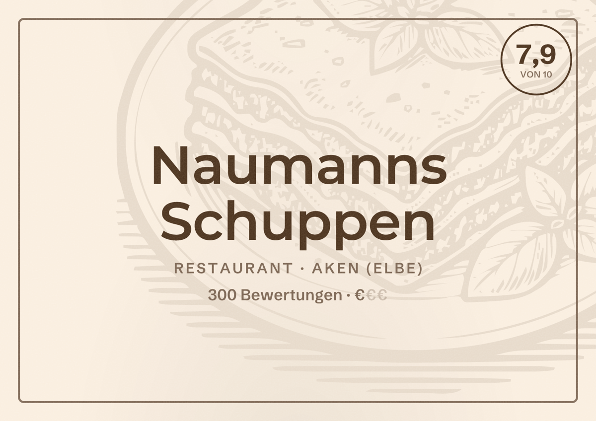 Illustriertes Poster von Naumanns Schuppen, Restaurant in Aken (Elbe): Bewertung 7,9 von 10 aus 300 Bewertungen, Preisniveau €