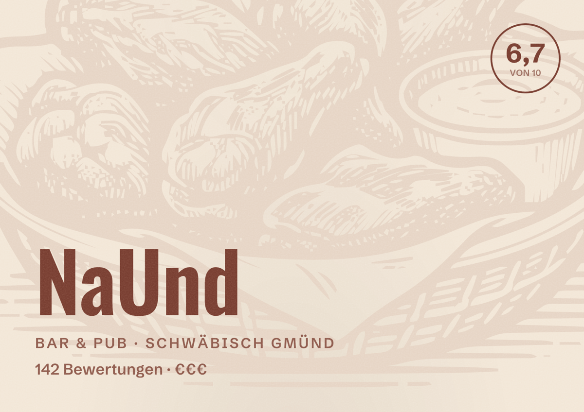 Illustriertes Poster von NaUnd, Bar & Pub in Schwäbisch Gmünd: Bewertung 6,7 von 10 aus 142 Bewertungen, Preisniveau €€€