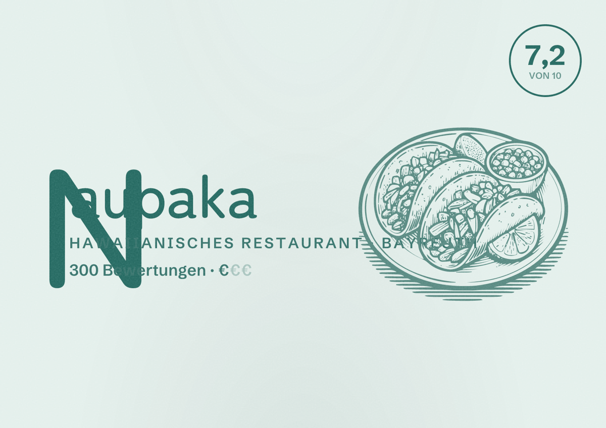 Illustriertes Poster von Naupaka, Hawaiianisches Restaurant in Bayreuth: Bewertung 7,2 von 10 aus 300 Bewertungen, Preisniveau €