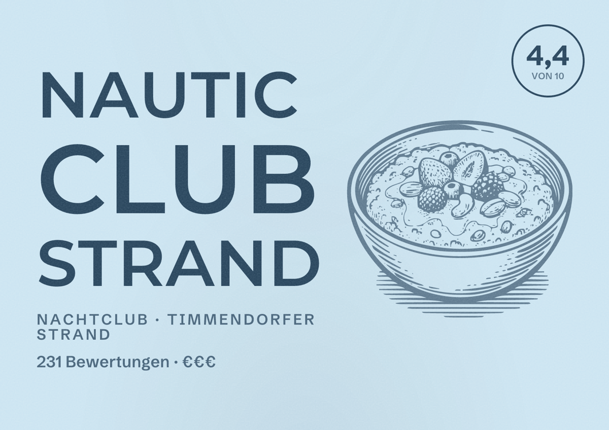 Illustriertes Poster von Nautic Club strand, Nachtclub in Timmendorfer Strand: Bewertung 4,4 von 10 aus 231 Bewertungen, Preisniveau €€€