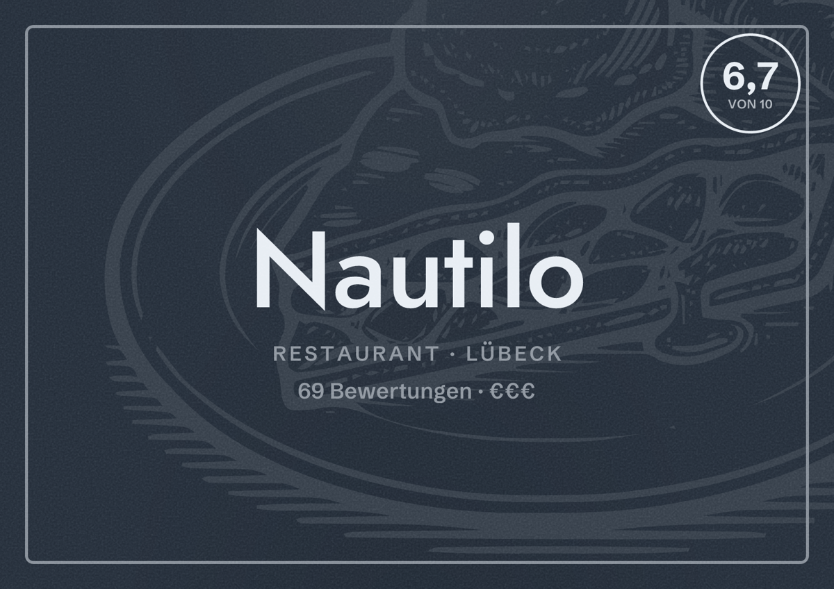 Illustriertes Poster von Nautilo, Restaurant in Lübeck: Bewertung 6,7 von 10 aus 69 Bewertungen, Preisniveau €€€